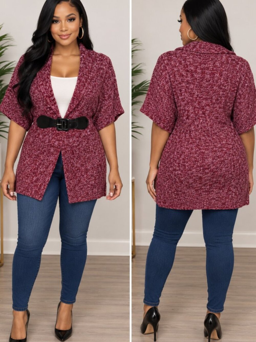 Derek Heart Plus Womens Deep purple Open Front Cardigan With Belt Size 2X/3X NWT